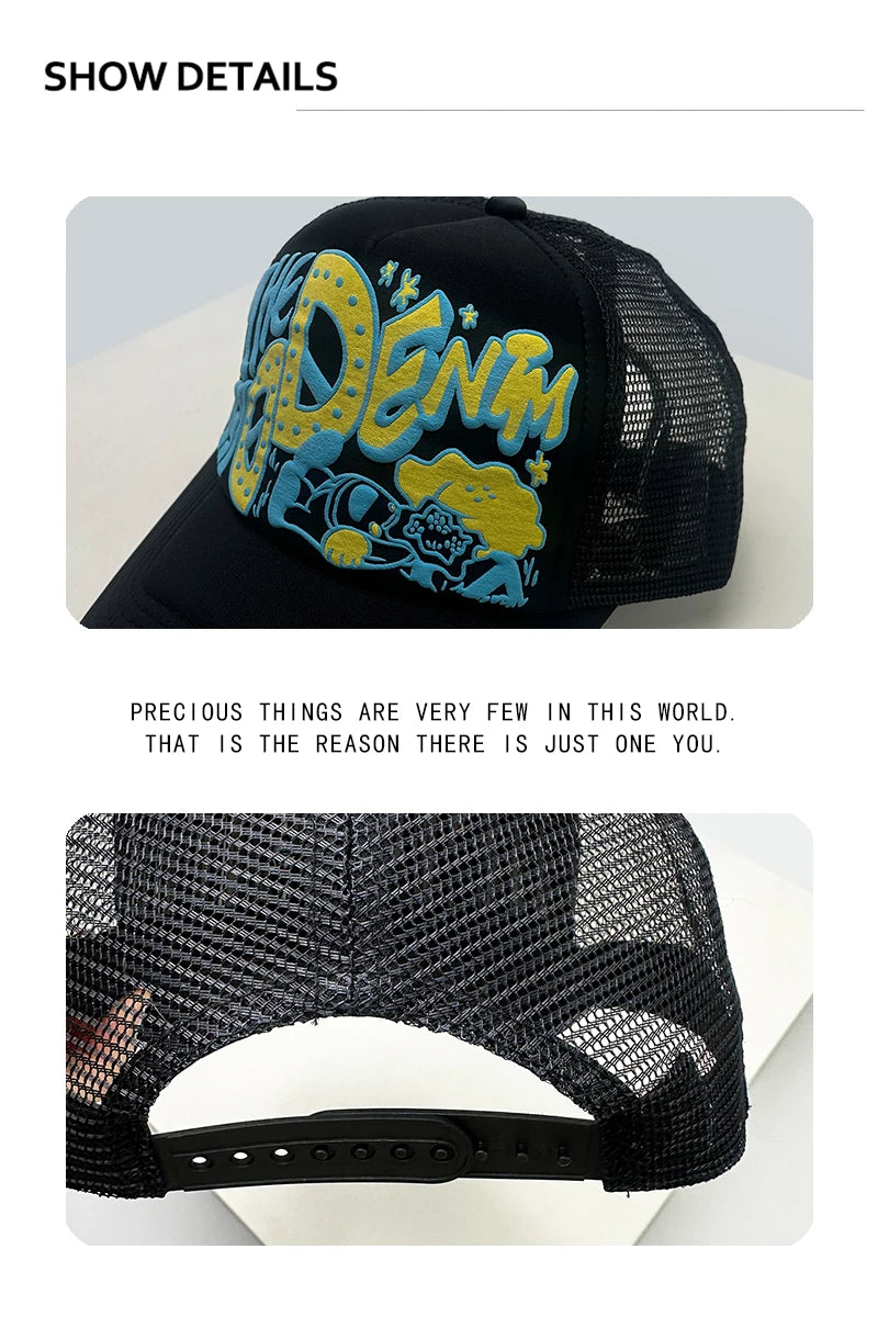 Unisex, interessant, 3D-printet bogstav, baseballkasketter, solskærm, tegneserie, åndbar, farveblok, trucker-kasketter, mesh, alsidig inderside