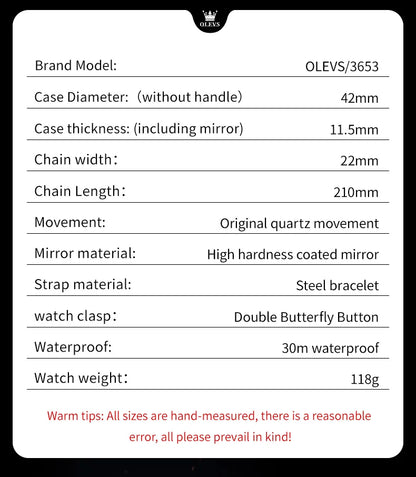 OLEVS 3653 Mens Watch Quartz Watch Multifunctional Chronograph Watch For Men 30M Waterproof Luminous Moon Phase Box Original
