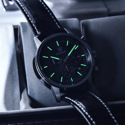 Benyar luksusur til mænd – kronograf med dato, læderrem, vandtæt, selvlysende, sporty og militær stil, kvartsur