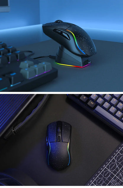 DAREU PC Gaming Mouse Tri-mode Connect Bluetooth Wired 2.4G Wireless Mice with Charging Base KBS Buttons Mous for Laptop Gamer