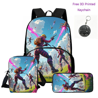 FORTNITE 3-Piece Lightweight Backpack Set with Front Pocket, Crossbody Bag & Pencil Case for Ages 5-10 Boys and Girls, Includes Free 3D Printed Keychain