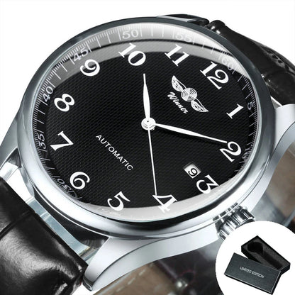 WINNER herreur – Klassisk, retro og elegant stil – Mekanisk automatisk ur med kalender – Luksusmærke, stålurkasse og læderrem