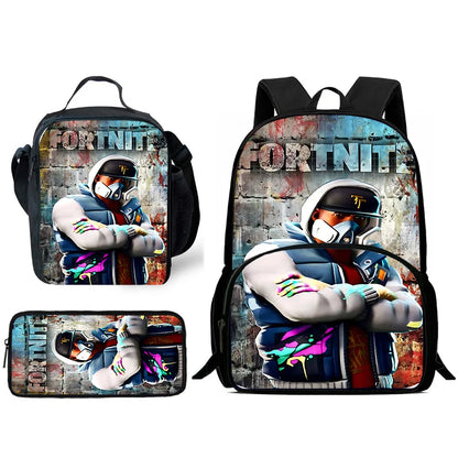 Kinder-Rucksack-Set im angesagten Gaming-Design mit Lunchbag und Federmäppchen, große Kapazität, Schultaschen für Jungen und Mädchen, ideales Geschenk F-FortniteS