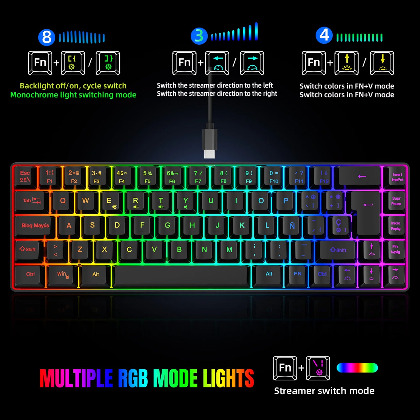 ¡Oferta destacada! Teclado gaming con cable de 69 teclas en español, retroiluminación RGB, diseño compacto al 68%, un accesorio imprescindible para profesionales de oficina y gamers