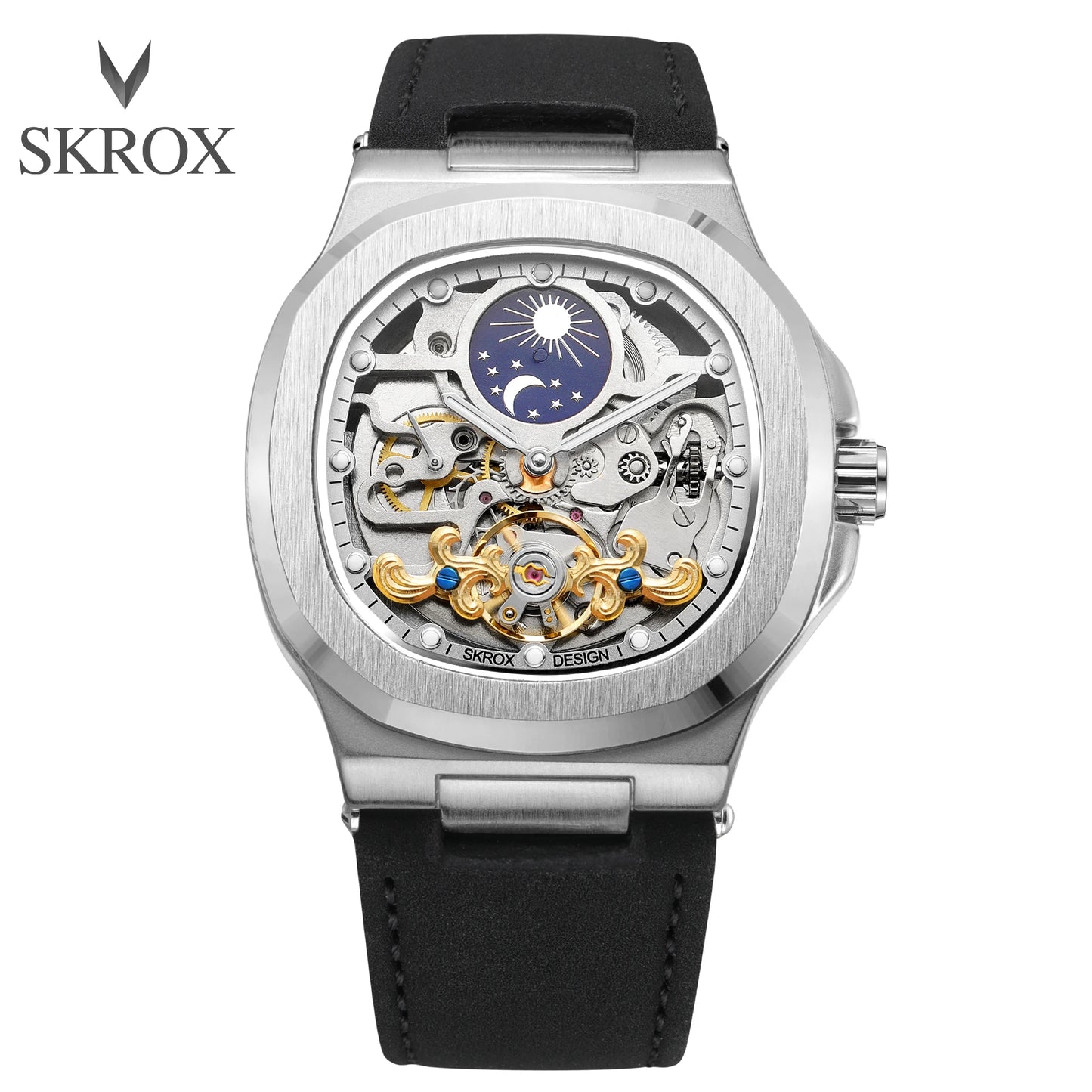 2025High-end Luxury SKROX Square Man Watch Sapphire Tourbillon Steel Skeleton Moon Phase Automatic Movement Leather Male Watches