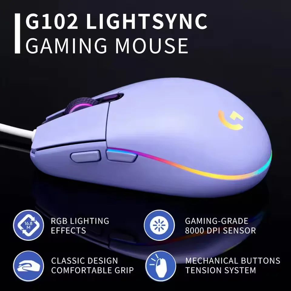 Logitech G102  Wired Gaming Mouse RGB Backlight 8000DPI Optical Sensor 6 Programmable Buttons for PC Laptop Gamers