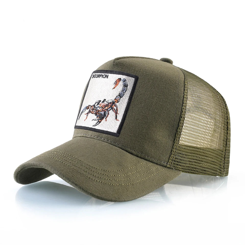 Unisex-trucker-kasket med broderet skorpion-patch, baseballkasket til mænd, snapback-hiphop-kasket til kvinder, udendørs kasket med visir i åndbart materiale