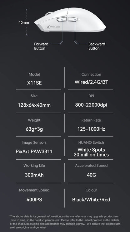 ATTACK SHARK X11SE Wireless Gaming Mouse, Tri-Mode, 63g Superlight With PAW3311 Sensor, 22000 DPI, 300mAh Battery, Dual Driver