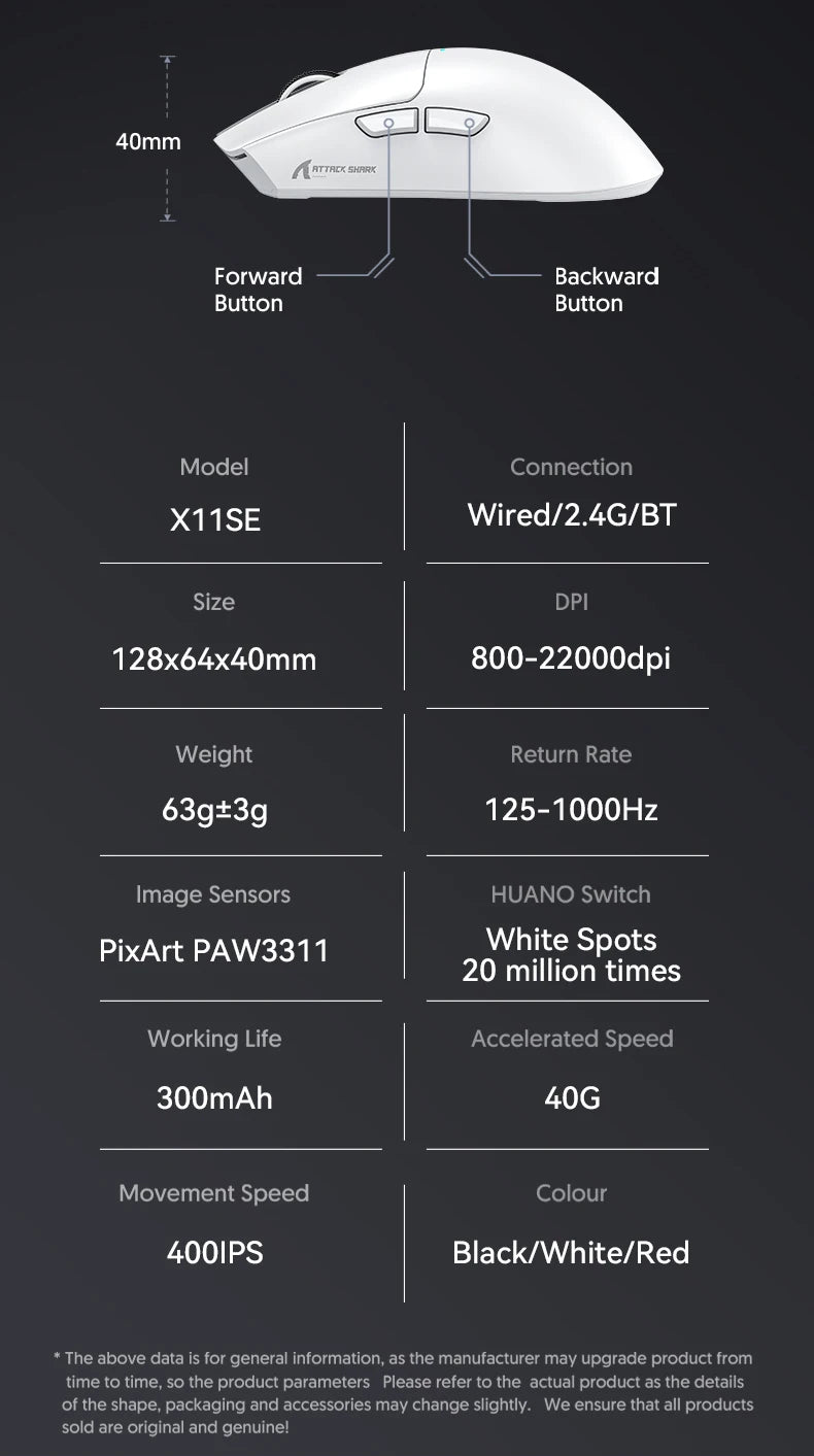 ATTACK SHARK X11SE Wireless Gaming Mouse, Tri-Mode, 63g Superlight With PAW3311 Sensor, 22000 DPI, 300mAh Battery, Dual Driver