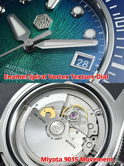 San Martin 37,5 mm 40 mm emajlirana ura z vzorcem spirale in vrtinca za moške, luksuzna potapljaška ura, Miyota 9015, avtomatski mehanski mehanizem, vodoodporna do 200 m, SN0148