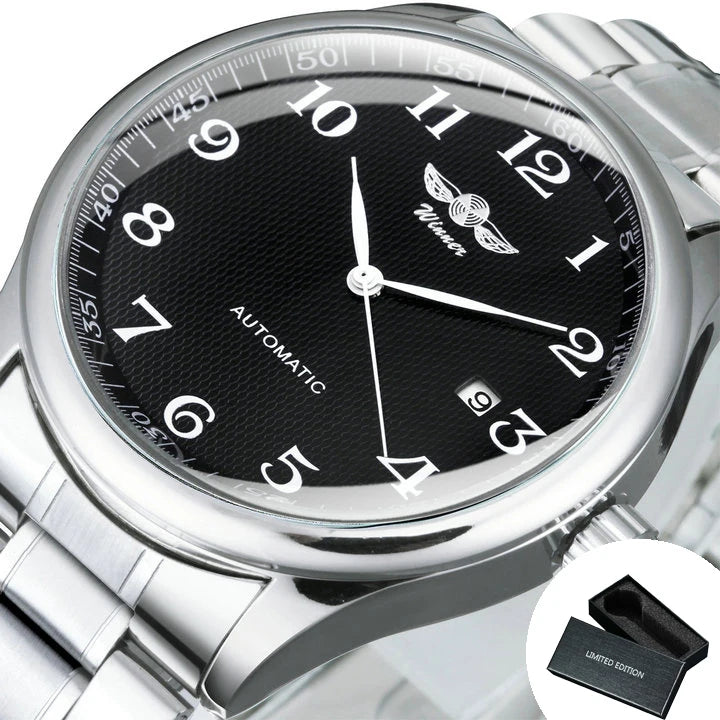 Relógio clássico para homem – Estilo retro com calendário e ponteiros azuis, movimento mecânico automático, marca de prestígio, caixa em aço e bracelete em pele
