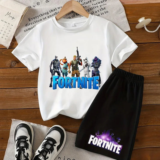 Summer T-shirts 2 pieces Fortnite children's cotton short-sleeved set with cartoon prints, boys' sports shirt, casual top, gift