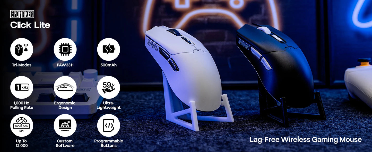 EPOMAKER Click Lite Wired/BT/2.4GHz Wireless Gaming Mouse PAW3311 Sensor 800 to 24000 DPI with 500mAh Battery for PC/Mac/Linux