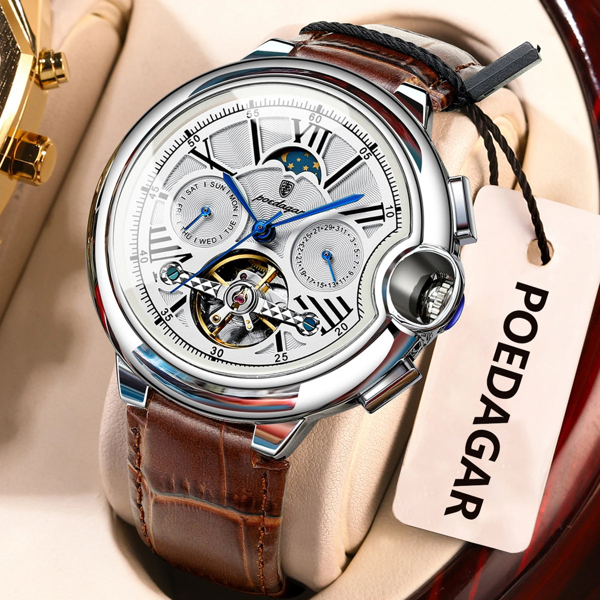 POEDAGAR herreur i luksuriøs og professionel stil med dato- og ugedagsvisning, tourbillon, rustfrit stålhus, mekanisk automatisk urværk og vandtæthed.