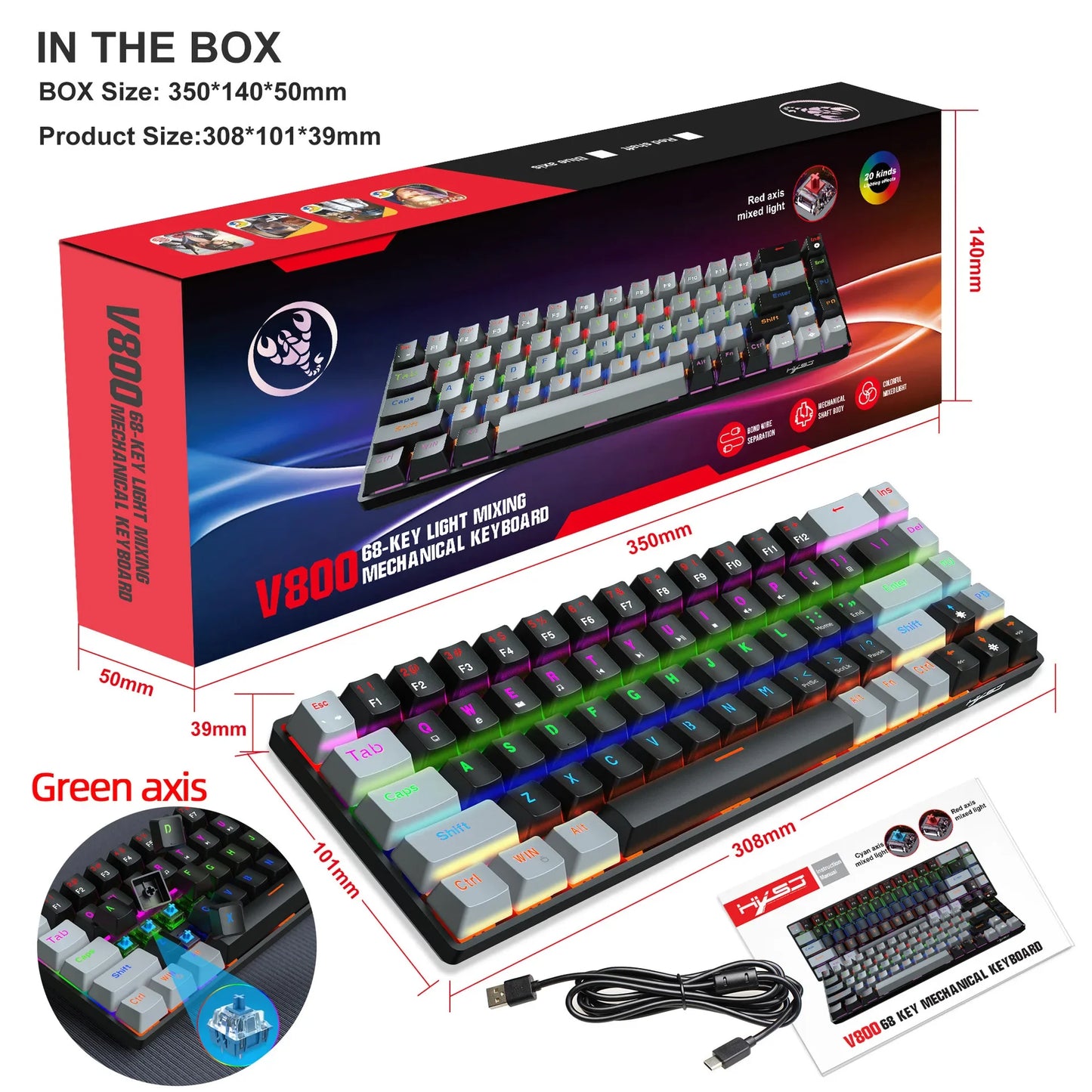 Teclado mecánico gaming 60% USB con teclas blancas, mini teclado gamer ergonómico para ordenador con retroiluminación y música