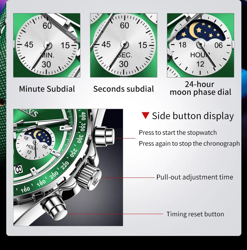 OLEVS Men's Watches Fashion Sports Green Watch For Men Multifunctional Quartz Wristwatches Men Waterproof Leather reloj hombre