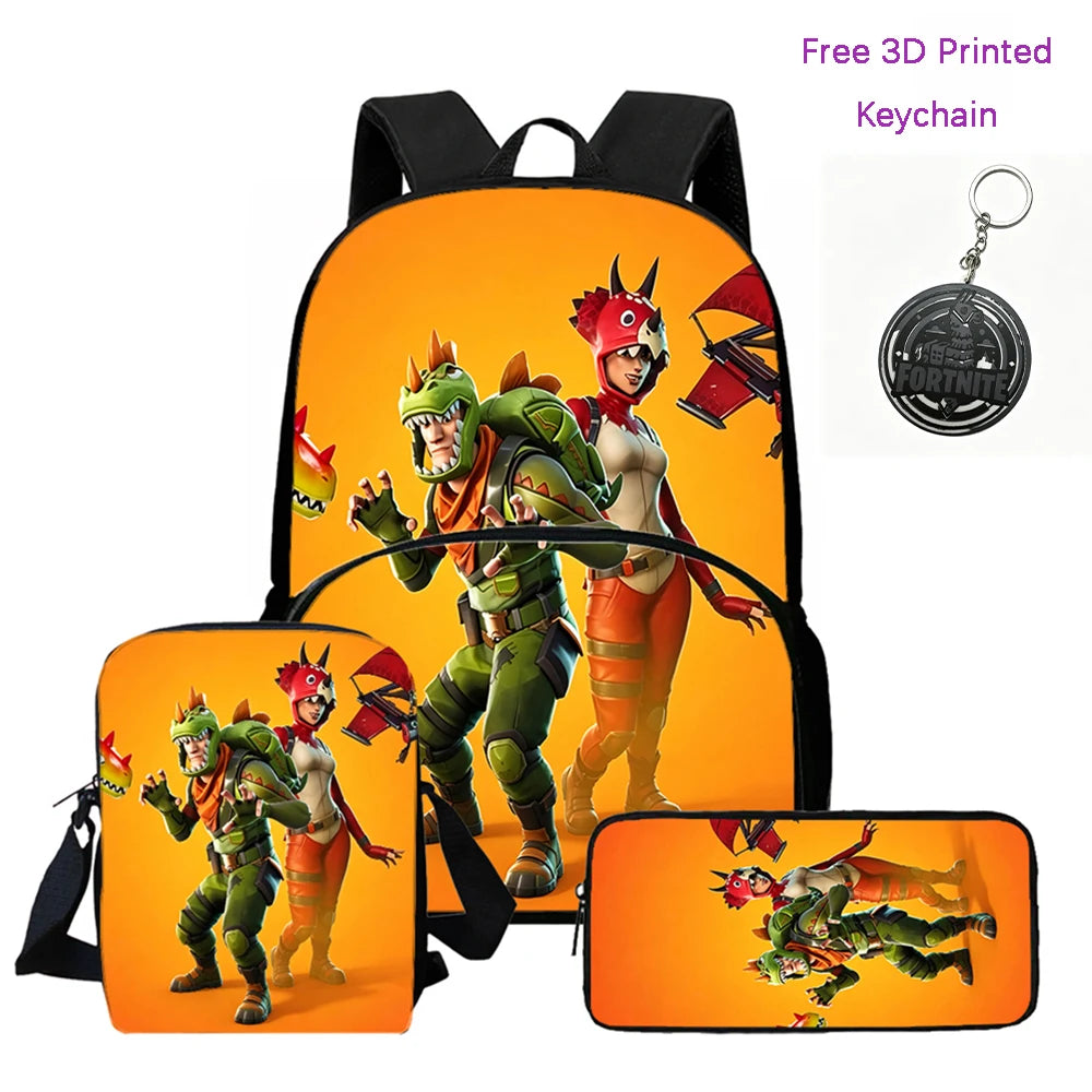 FORTNITE 3-Piece Lightweight Backpack Set with Front Pocket, Crossbody Bag & Pencil Case for Ages 5-10 Boys and Girls, Includes Free 3D Printed Keychain