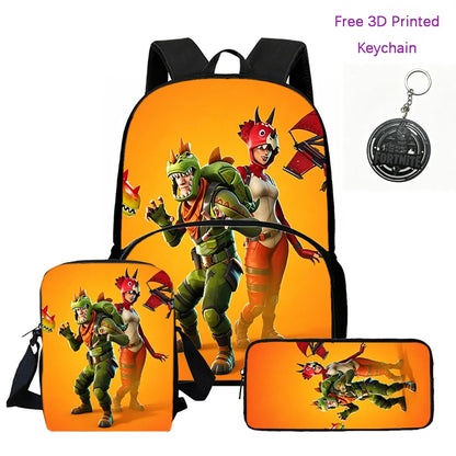 FORTNITE 3-Piece Lightweight Backpack Set with Front Pocket, Crossbody Bag & Pencil Case for Ages 5-10 Boys and Girls, Includes Free 3D Printed Keychain