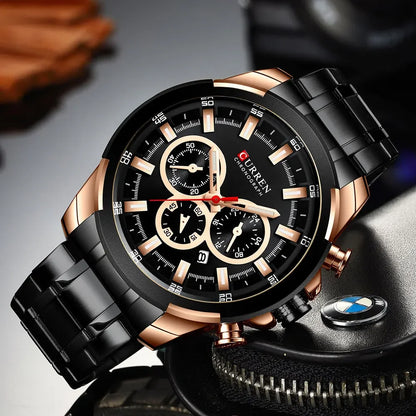Relógio cronógrafo para homem CURREN, mostrador grande de 48 mm, bracelete em aço inoxidável, três submostradores, relógio de pulso desportivo de quartzo, estilo luxuoso