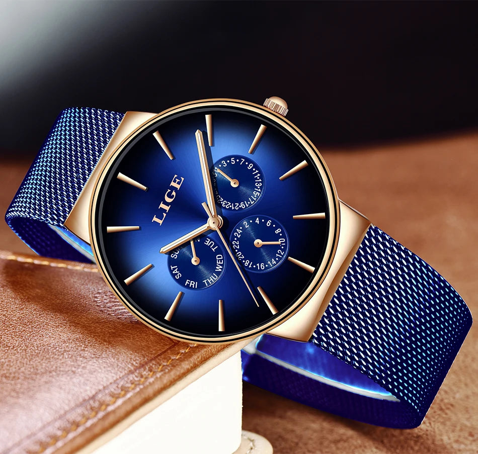 Relógio feminino LIGE, elegante e moderno – Estilo desportivo e descontraído, bracelete em malha, movimento de quartzo, indicação da data e do dia, resistente à água.