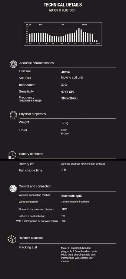 Marshall MAJOR III Bluetooth Wireless Headphones Earphones Deep Bass Foldable Sport Gaming Rock Headset Reduction Microphone