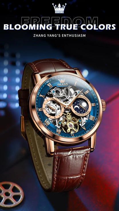 OLEVS Top Brand Men's Skeleton Mechanical Watch, Waterproof Leather Strap, Moon Phase, Automatic Tourbillon Wristwatch