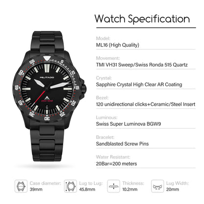 Militado ML16 39mm Quartz Dive Watch Sapphire Crystal 200M Water Resistant Ceramic Bezel BGW9 Lume Screw Down Crown