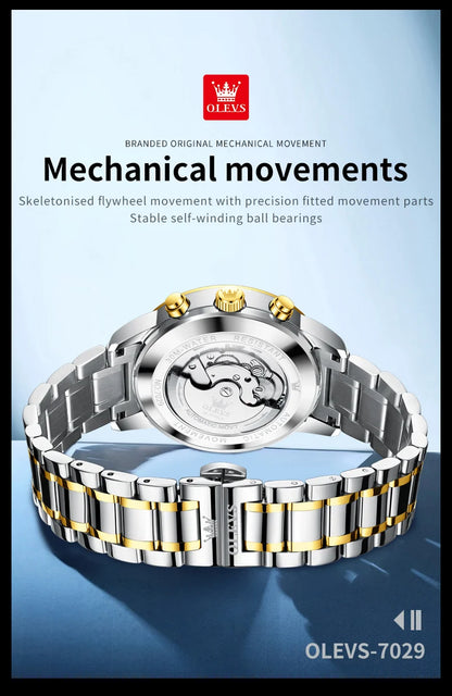 OLEVS Men's Watches Moon Phase Hollow Flywheel Exclusive Original Automatic Mechanical Watches For Men Luxury Man Watch New 7029
