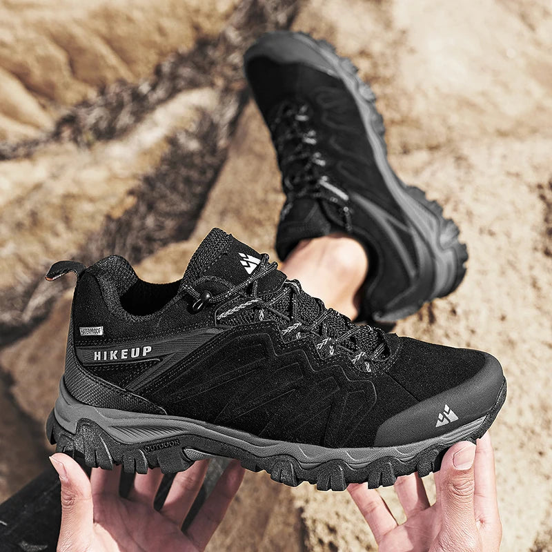 HIKEUP High Quality Leather Hiking Shoes Durable Outdoor Sport Men Trekking Leather Shoes Lace-Up Climbing Hunting Sneakers