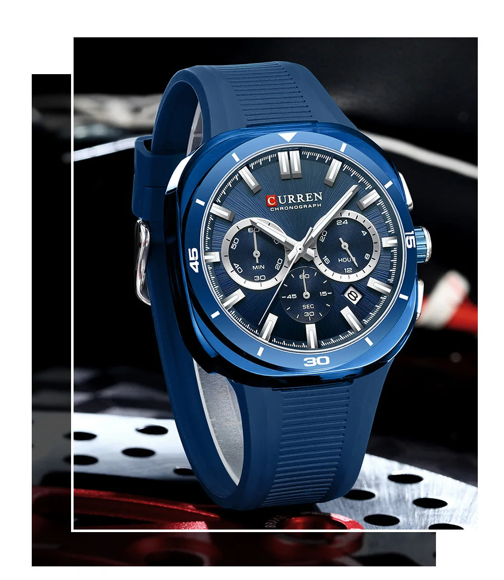 Relógio de homem CURREN – Novo modelo de luxo com movimento de quartzo, bracelete em silicone, estilo desportivo, multifunções, à prova de água, luminoso, com indicação da data e cronómetro.