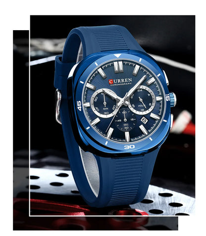Relógio de homem CURREN – Novo modelo de luxo com movimento de quartzo, bracelete em silicone, estilo desportivo, multifunções, à prova de água, luminoso, com indicação da data e cronómetro.