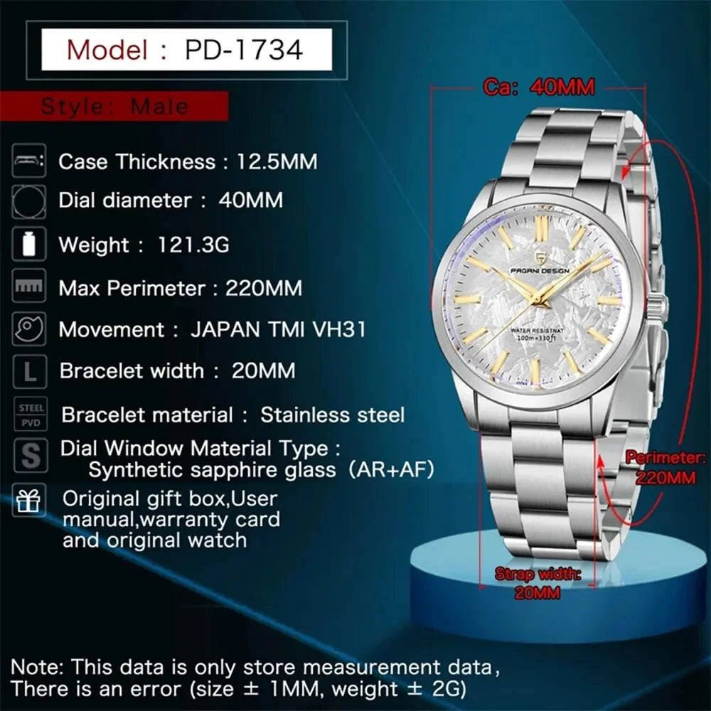 PAGANI DESIGN 40MM Meteorite dial Men Quartz Watches Luxury Business 316L Stainless Steel 100M Waterproof Watch For Men clock