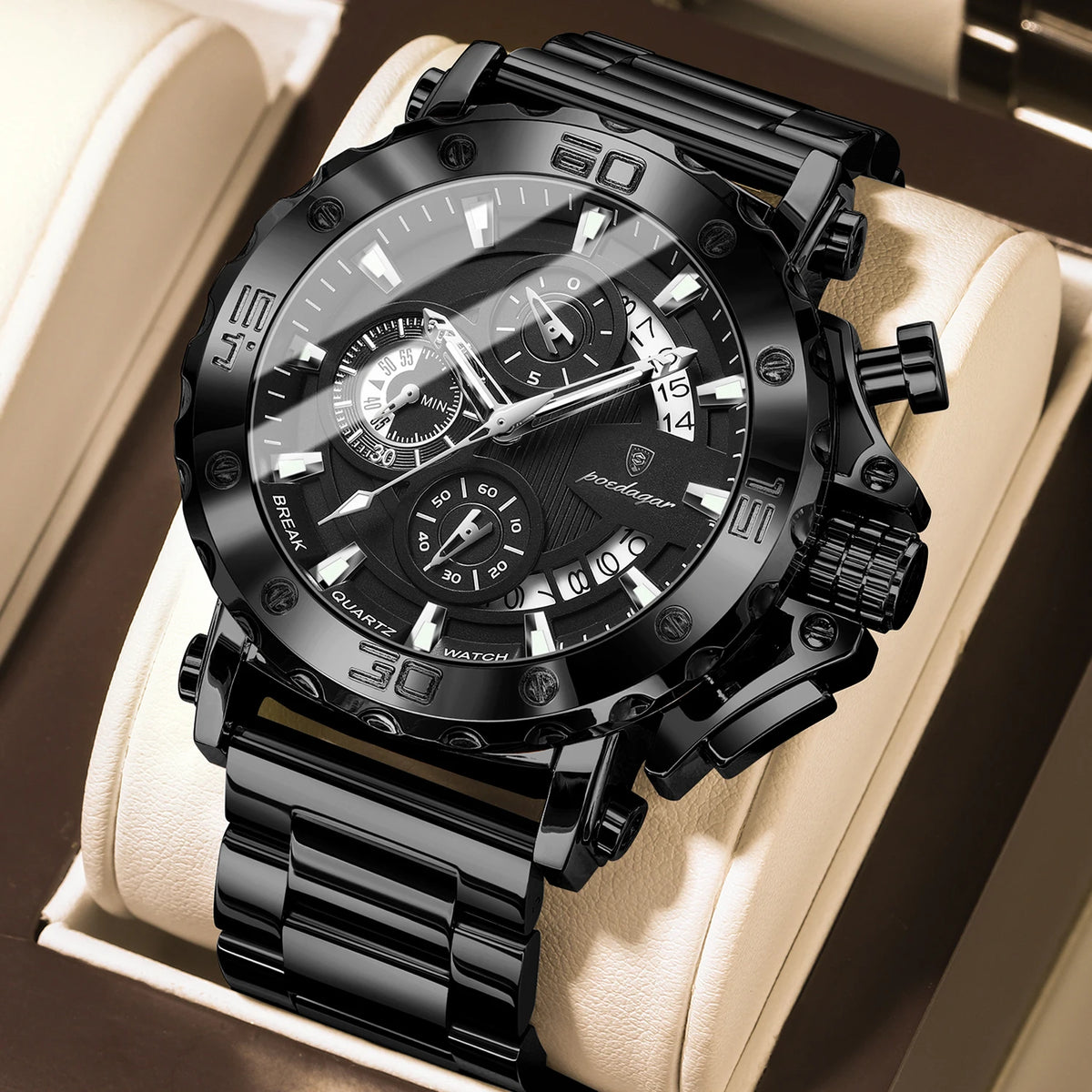 Orologio da uomo di lusso POEDAGAR, luminescente, impermeabile, cronografo, datario, acciaio inossidabile, al quarzo, Reloj