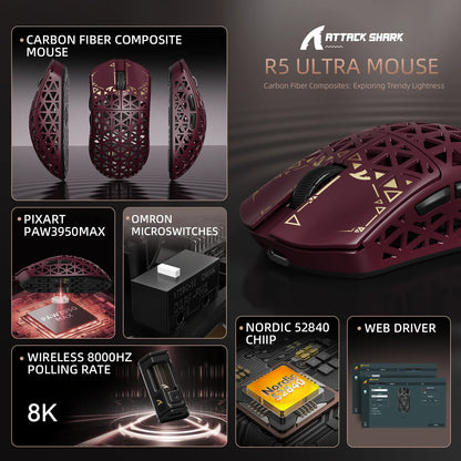 ATTACK SHARK R5 Ultra Carbon Fiber bezdrátová herní myš, herní snímač PixArt PAW3950MAX, 42000DPI, 8000Hz, MCU Nordic 52840