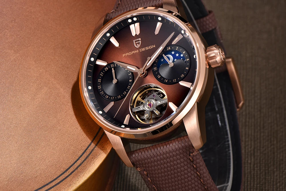 PAGANI DESIGN – Montre mécanique de luxe pour homme, 41 mm, verre saphir, bracelet en cuir, étanche, style pilote, avec tourbillon et phase de lune