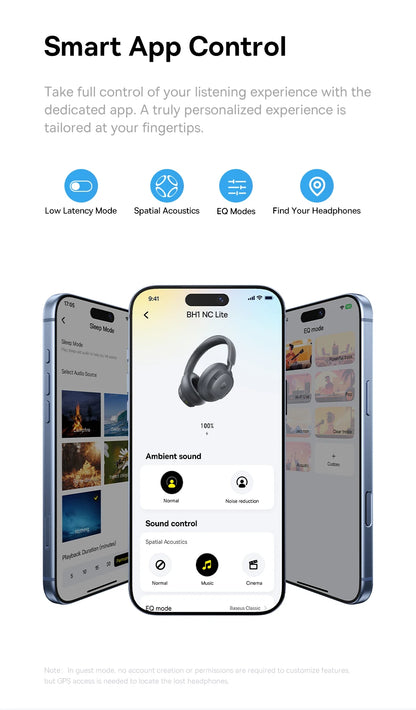 Baseus Bass EH10 NC Wireless Headphones Bluetooth 6.0 Noise Canceling 45dB Over Ear HeadsetSpatial Audio Earphone 80H Time