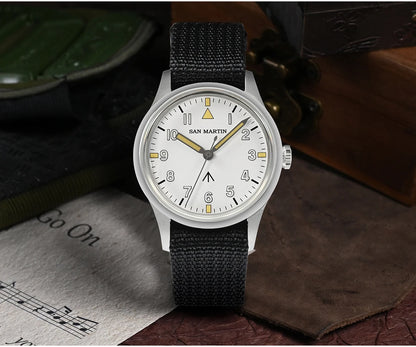 San Martin 36mm Men Pilot Watch VH31 Mechaquartz Movement Sweep Second Quartz Series Simple Style Nylon Strap 10 Bar Luminous