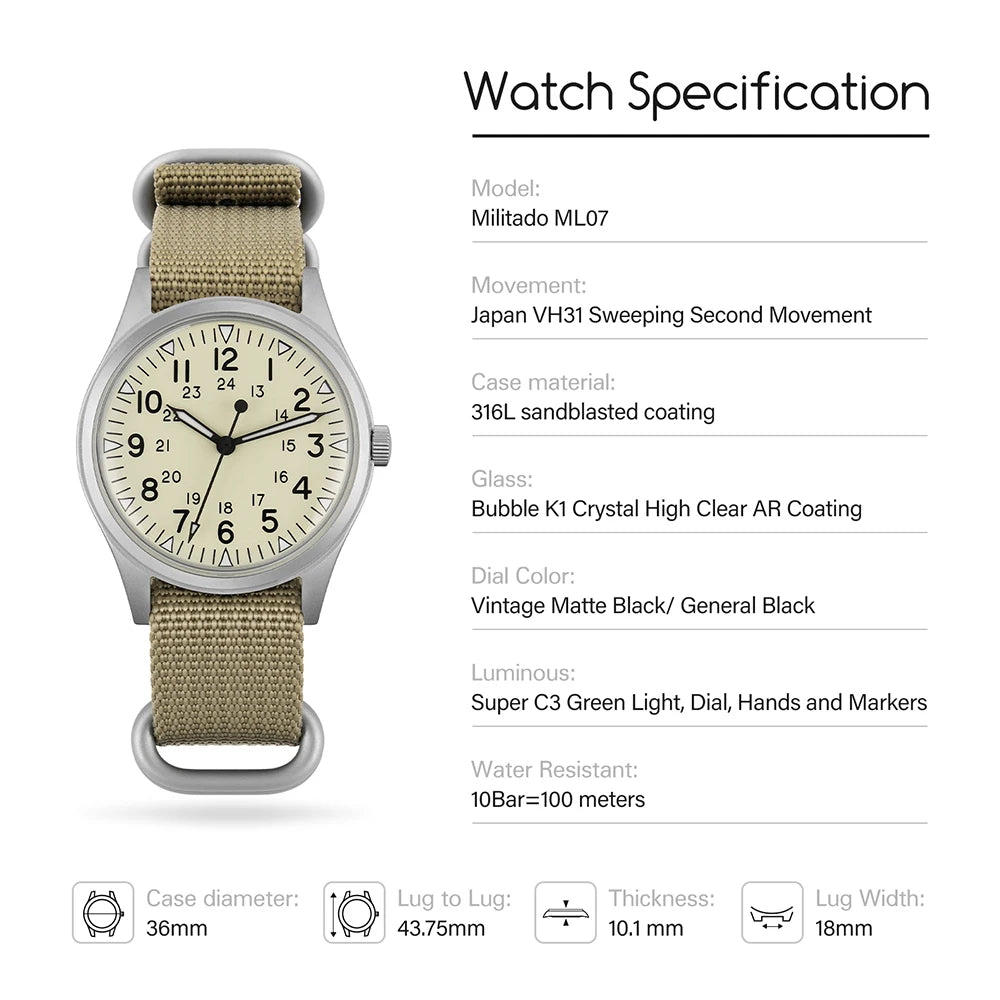 Militado ML07 Quartz Watches VH31/Miyota 2035 Movement Domed Sapphire Crystal Military Watch 100m Waterproof Luminous Mens Watch