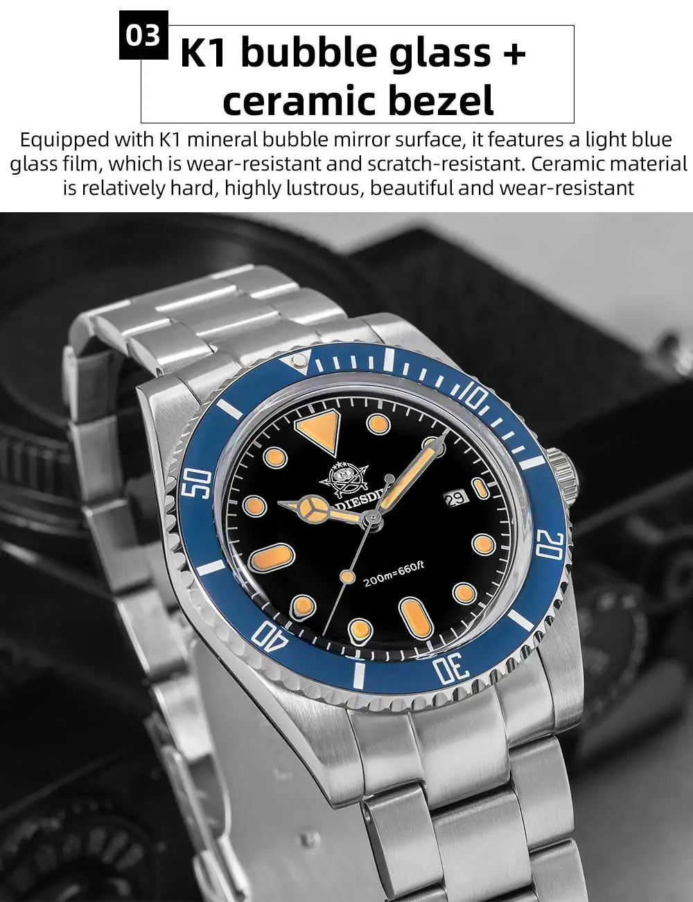 ADDIESDIVE Men's Gift Box Luxury Diver Watch Super Luminous Bubble Mirror Glass Quartz Watch 20Bar Ceramic Bezel Steel Watch
