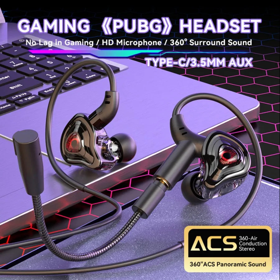 3.5mm/Type-C/USB  E-sports Gaming Headset 360° Surround Sound, HiFi Stereo Wired Headphone in-ear dual Mic, PUBG Gaming Earphone