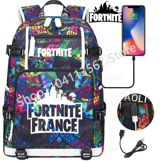 Yule Trooper F-Fortnite Battle Royale Backpack with USB Charging Anime Figures Study Stationery Compartment Students Mochila