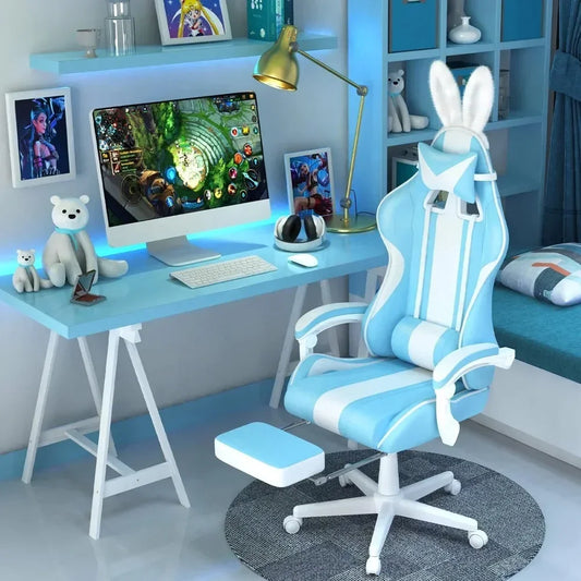 #For Kawaii Light Blue Gaming Chair with Bunny Ears, Ergonomic Cute Gamer Chair with Footrest and Massage, Racing Reclining&