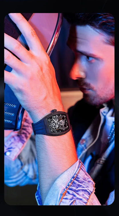 BONEST GATTI Men Automatic Mechanical Watch Skeleton Dial Sapphire Crystal Fluororubber Strap Waterproof Luminous Business watch