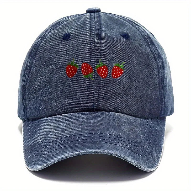 Cappellino da baseball con stampa a fragole e visiera regolabile, cappellino alla moda con visiera a becco d’anatra per uomo e donna, design con parte superiore morbida