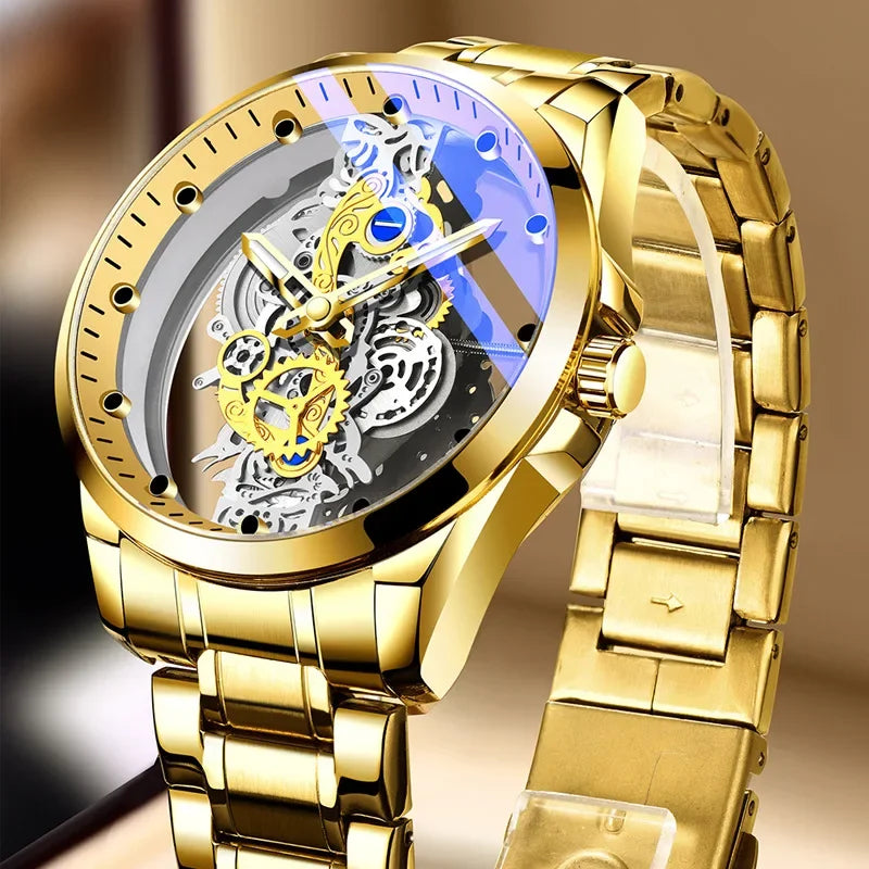 Relógio de moda para homem, modelo com abertura dupla, estilo luxuoso dourado, imitação de turbilhão mecânico, movimento de quartzo.