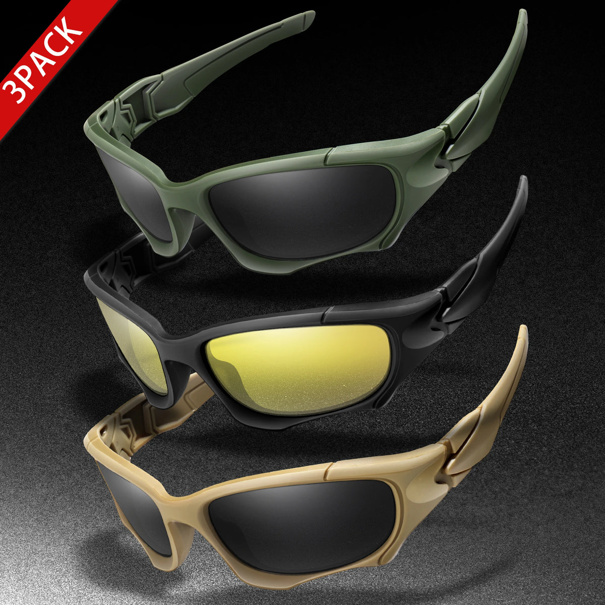 3-PACK Trendiga Outdoor Tactics-sportglasögon för män och kvinnor – cykelglasögon, bilkörning, camping, resor – färgglada skyddsglasögon