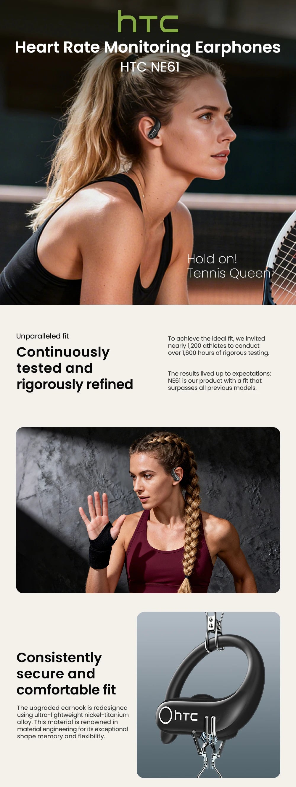 HTC NE61 Bluetooth Earphones Noise Reduction Sports Wireless Headphones AI Translator Heart Rate Monitor Earbuds