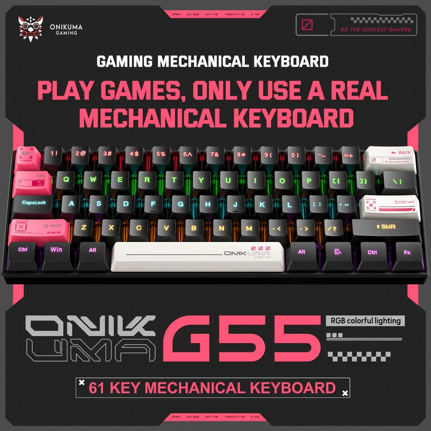 ONIKUMA G55 Mechanical Gaming Keyboard 61 Keys Layout RGB Customized Wired Colorful LED Backlit Keyboard for Computer Laptop PC