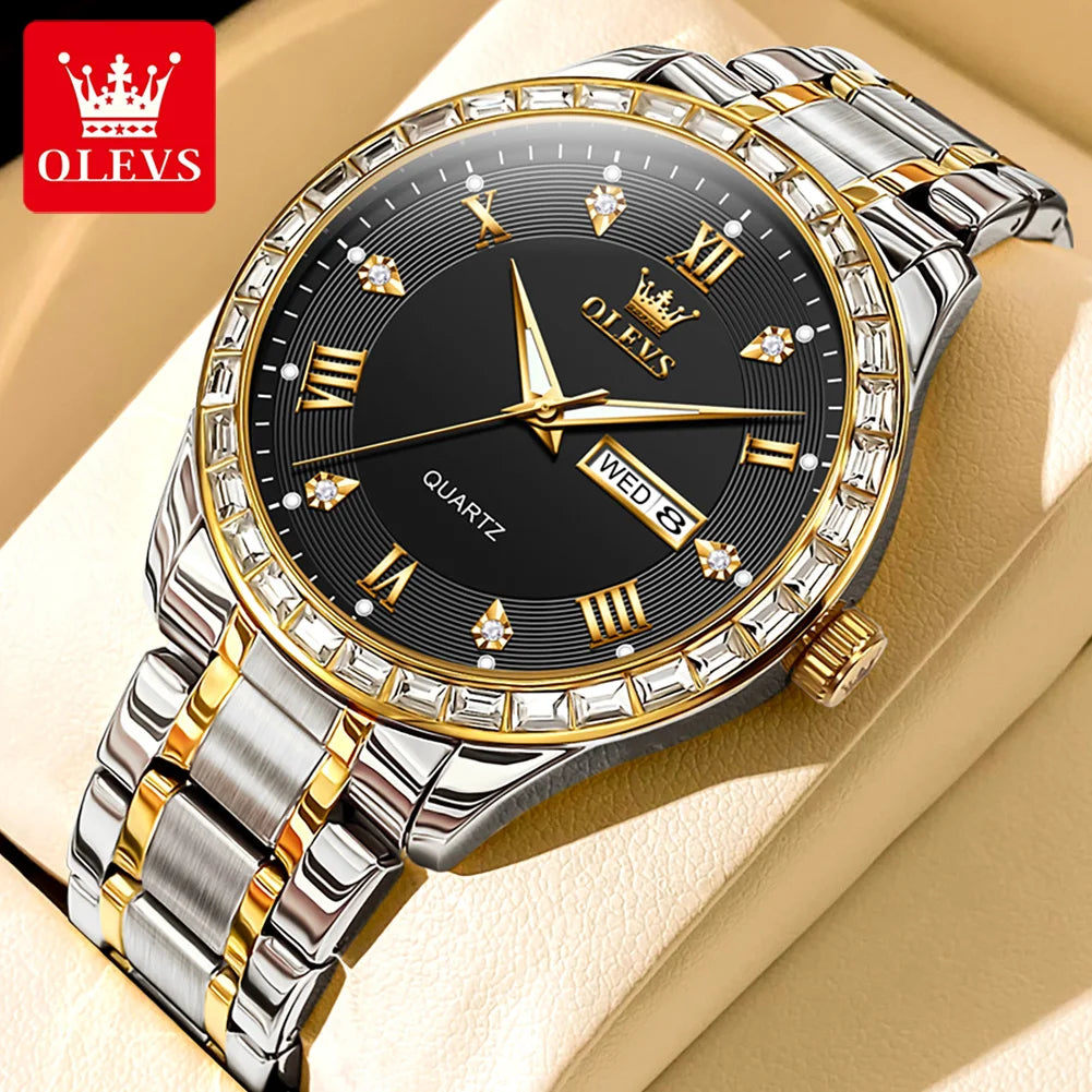 OLEVS 9906 kvartsur til mænd, firkantet model med diamanter, armbånd i rustfrit stål, vandtæt, med dobbelt kalender; et originalt luksusarmbåndsur, der er ideelt til erhvervslivet.