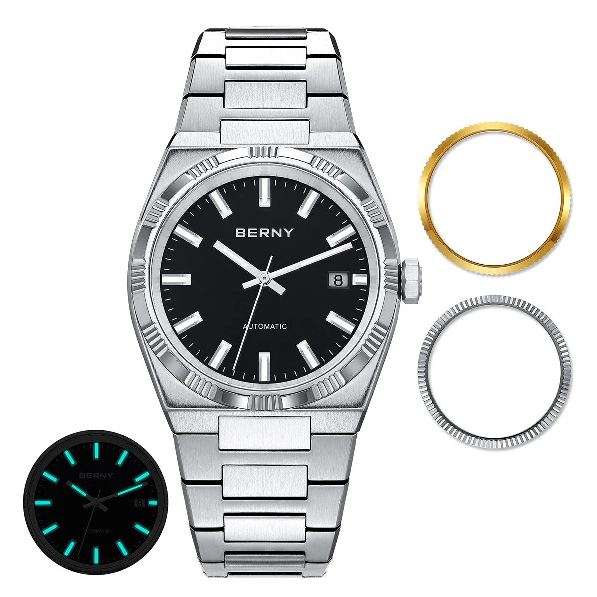 Orologio automatico da uomo BERNY, dorato, vetro zaffiro, lancette luminescenti, originale al 100%, dotato di movimento PT5000, rivestimento antiriflesso, modello di lusso con lunetta intercambiabile, impermeabile fino a 5 ATM.